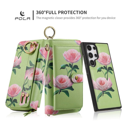 For Samsung Galaxy S24+ 5G POLA Flower Multi-functional Zipper Wallet Leather Phone Case(Green) - Galaxy S24+ 5G Cases by buy2fix | Online Shopping UK | buy2fix