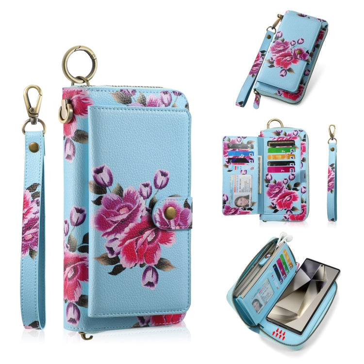 For Samsung Galaxy S24+ 5G POLA Flower Multi-functional Zipper Wallet Leather Phone Case(Sky Blue) - Galaxy S24+ 5G Cases by buy2fix | Online Shopping UK | buy2fix