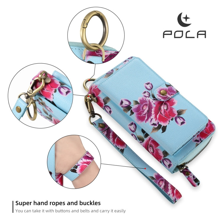 For Samsung Galaxy S24+ 5G POLA Flower Multi-functional Zipper Wallet Leather Phone Case(Sky Blue) - Galaxy S24+ 5G Cases by buy2fix | Online Shopping UK | buy2fix