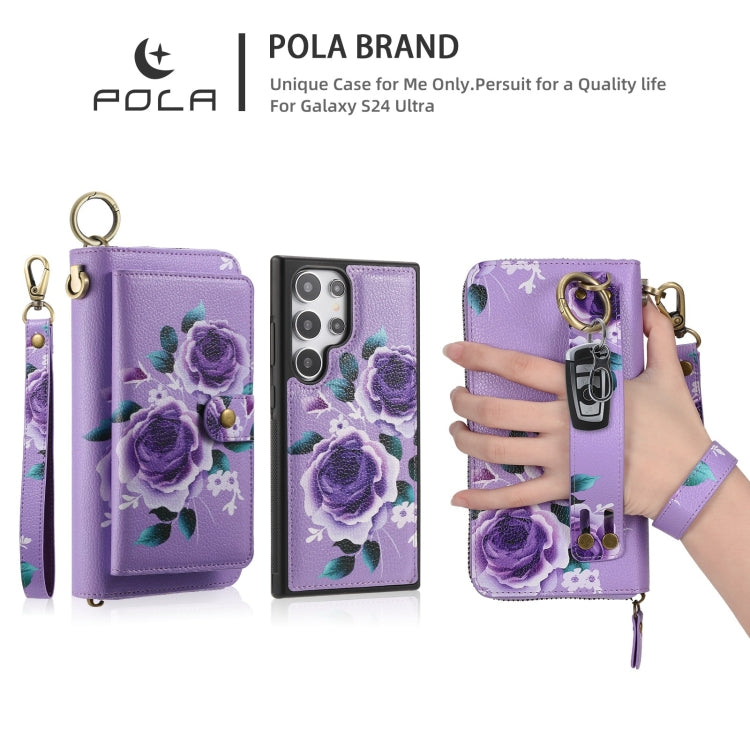 For Samsung Galaxy S24+ 5G POLA Flower Multi-functional Zipper Wallet Leather Phone Case(Purple) - Galaxy S24+ 5G Cases by buy2fix | Online Shopping UK | buy2fix
