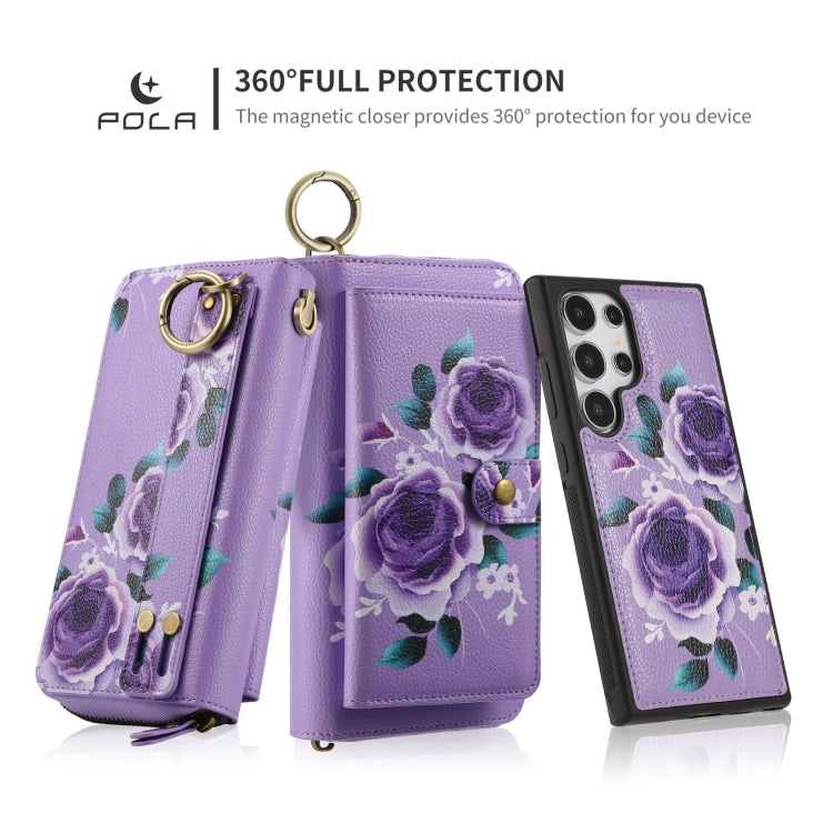 For Samsung Galaxy S24+ 5G POLA Flower Multi-functional Zipper Wallet Leather Phone Case(Purple) - Galaxy S24+ 5G Cases by buy2fix | Online Shopping UK | buy2fix