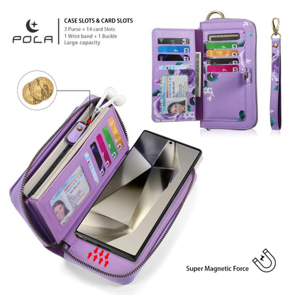 For Samsung Galaxy S24+ 5G POLA Flower Multi-functional Zipper Wallet Leather Phone Case(Purple) - Galaxy S24+ 5G Cases by buy2fix | Online Shopping UK | buy2fix