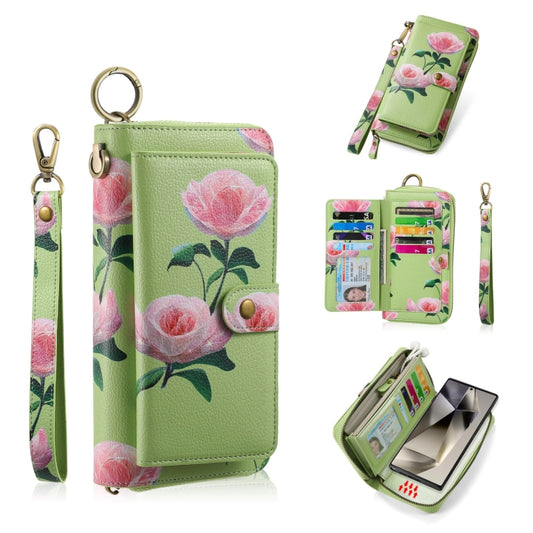 For Samsung Galaxy S24 Ultra 5G POLA Flower Multi-functional Zipper Wallet Leather Phone Case(Green) - Galaxy S24 Ultra 5G Cases by buy2fix | Online Shopping UK | buy2fix