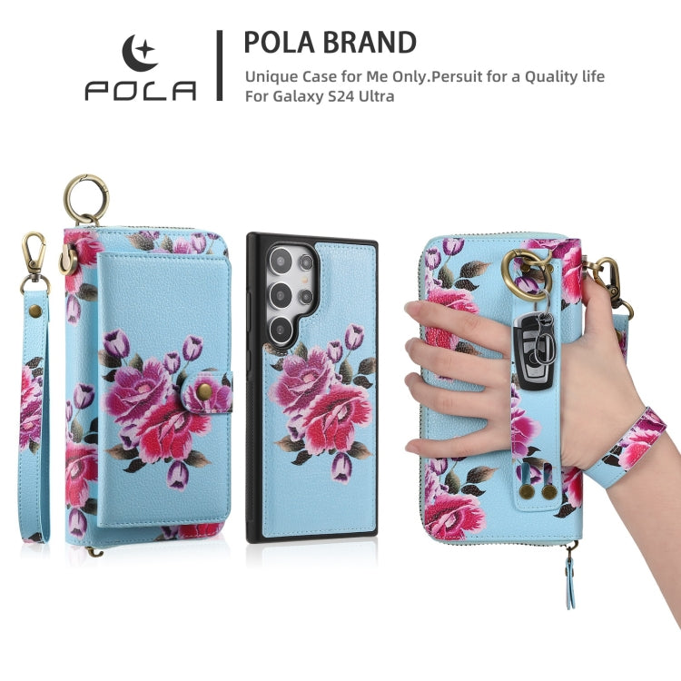 For Samsung Galaxy S24 Ultra 5G POLA Flower Multi-functional Zipper Wallet Leather Phone Case(Sky Blue) - Galaxy S24 Ultra 5G Cases by buy2fix | Online Shopping UK | buy2fix