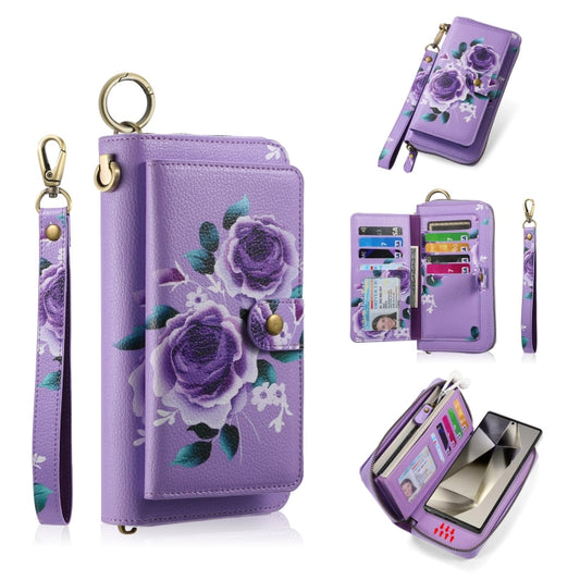 For Samsung Galaxy S24 Ultra 5G POLA Flower Multi-functional Zipper Wallet Leather Phone Case(Purple) - Galaxy S24 Ultra 5G Cases by buy2fix | Online Shopping UK | buy2fix