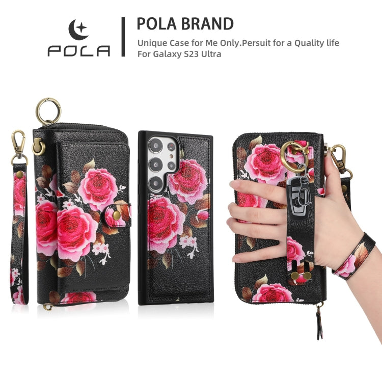 For Samsung Galaxy S23 5G POLA Flower Multi-functional Zipper Wallet Leather Phone Case(Black) - Galaxy S23 5G Cases by buy2fix | Online Shopping UK | buy2fix