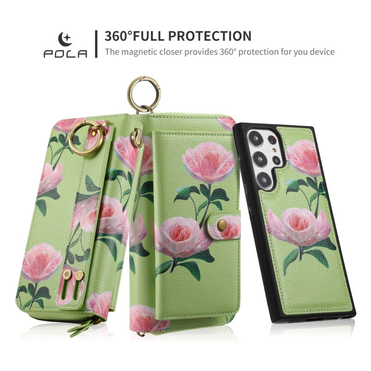 For Samsung Galaxy S23 5G POLA Flower Multi-functional Zipper Wallet Leather Phone Case(Green) - Galaxy S23 5G Cases by buy2fix | Online Shopping UK | buy2fix