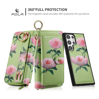 For Samsung Galaxy S23 5G POLA Flower Multi-functional Zipper Wallet Leather Phone Case(Green) - Galaxy S23 5G Cases by buy2fix | Online Shopping UK | buy2fix