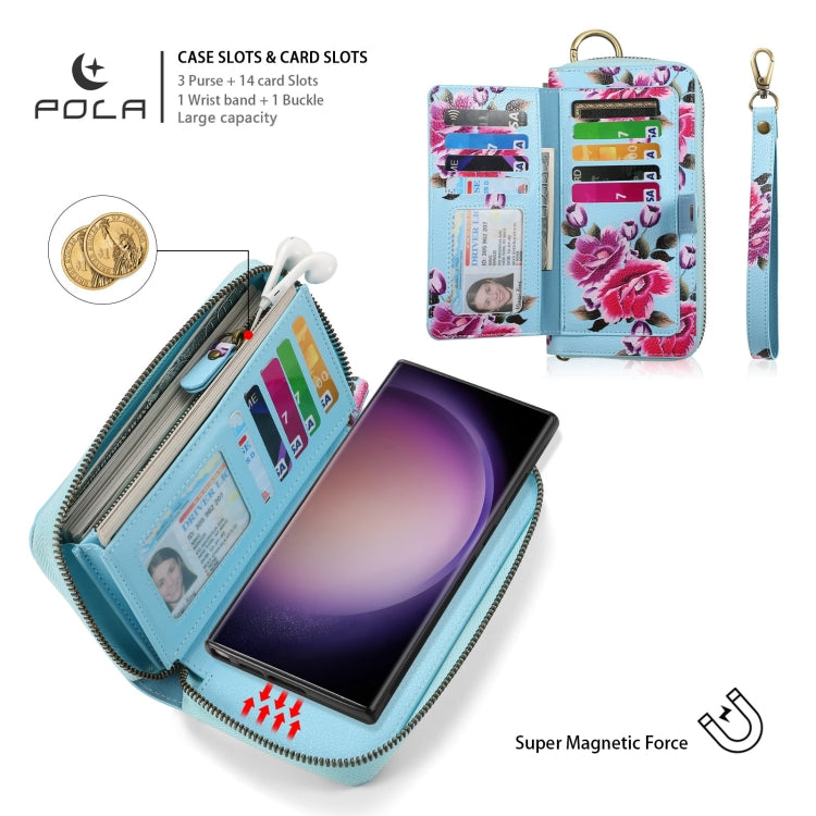 For Samsung Galaxy S23 5G POLA Flower Multi-functional Zipper Wallet Leather Phone Case(Sky Blue) - Galaxy S23 5G Cases by buy2fix | Online Shopping UK | buy2fix