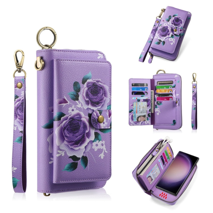 For Samsung Galaxy S23 5G POLA Flower Multi-functional Zipper Wallet Leather Phone Case(Purple) - Galaxy S23 5G Cases by buy2fix | Online Shopping UK | buy2fix