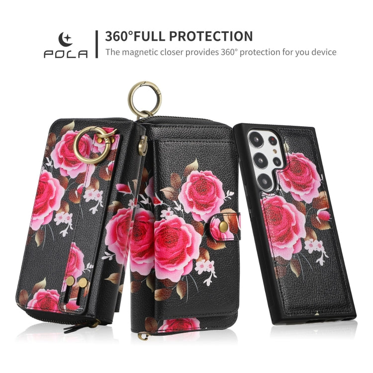 For Samsung Galaxy S23+ 5G POLA Flower Multi-functional Zipper Wallet Leather Phone Case(Black) - Galaxy S23+ 5G Cases by buy2fix | Online Shopping UK | buy2fix