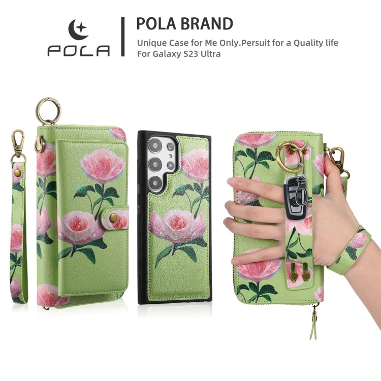 For Samsung Galaxy S23+ 5G POLA Flower Multi-functional Zipper Wallet Leather Phone Case(Green) - Galaxy S23+ 5G Cases by buy2fix | Online Shopping UK | buy2fix