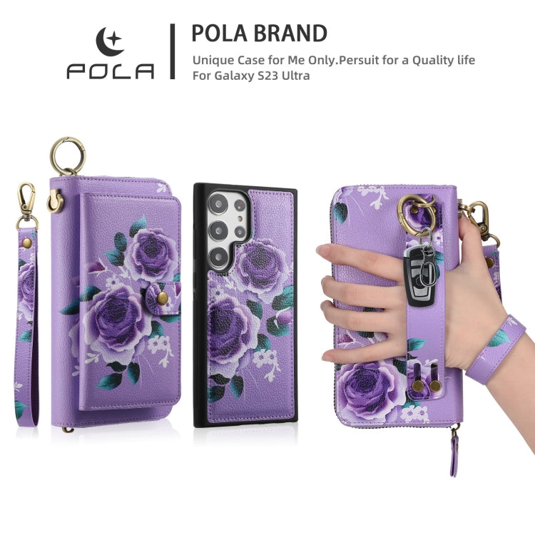 For Samsung Galaxy S23+ 5G POLA Flower Multi-functional Zipper Wallet Leather Phone Case(Purple) - Galaxy S23+ 5G Cases by buy2fix | Online Shopping UK | buy2fix