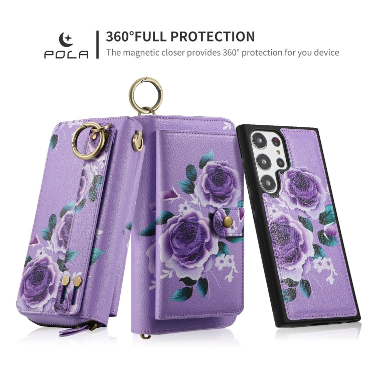 For Samsung Galaxy S23+ 5G POLA Flower Multi-functional Zipper Wallet Leather Phone Case(Purple) - Galaxy S23+ 5G Cases by buy2fix | Online Shopping UK | buy2fix