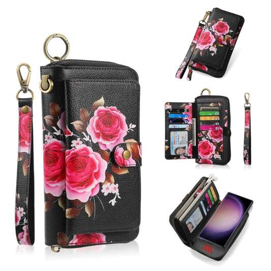 For Samsung Galaxy S23 Ultra 5G POLA Flower Multi-functional Zipper Wallet Leather Phone Case(Black) - Galaxy S23 Ultra 5G Cases by buy2fix | Online Shopping UK | buy2fix