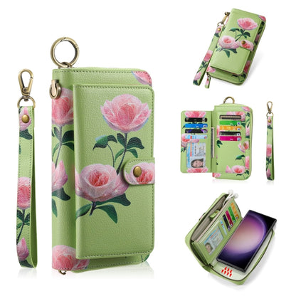 For Samsung Galaxy S23 Ultra 5G POLA Flower Multi-functional Zipper Wallet Leather Phone Case(Green) - Galaxy S23 Ultra 5G Cases by buy2fix | Online Shopping UK | buy2fix