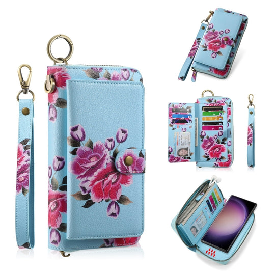 For Samsung Galaxy S23 Ultra 5G POLA Flower Multi-functional Zipper Wallet Leather Phone Case(Sky Blue)