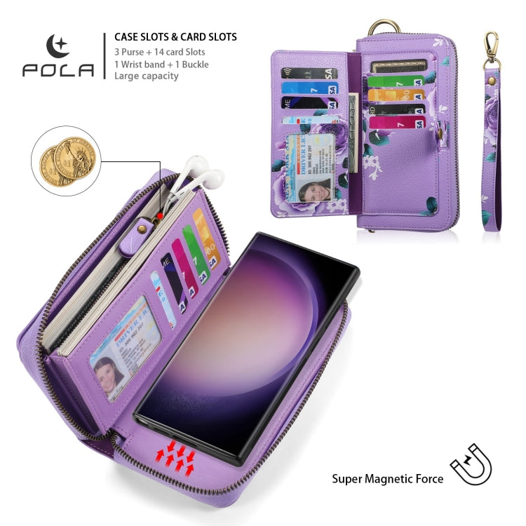 For Samsung Galaxy S23 Ultra 5G POLA Flower Multi-functional Zipper Wallet Leather Phone Case(Purple) - Galaxy S23 Ultra 5G Cases by buy2fix | Online Shopping UK | buy2fix
