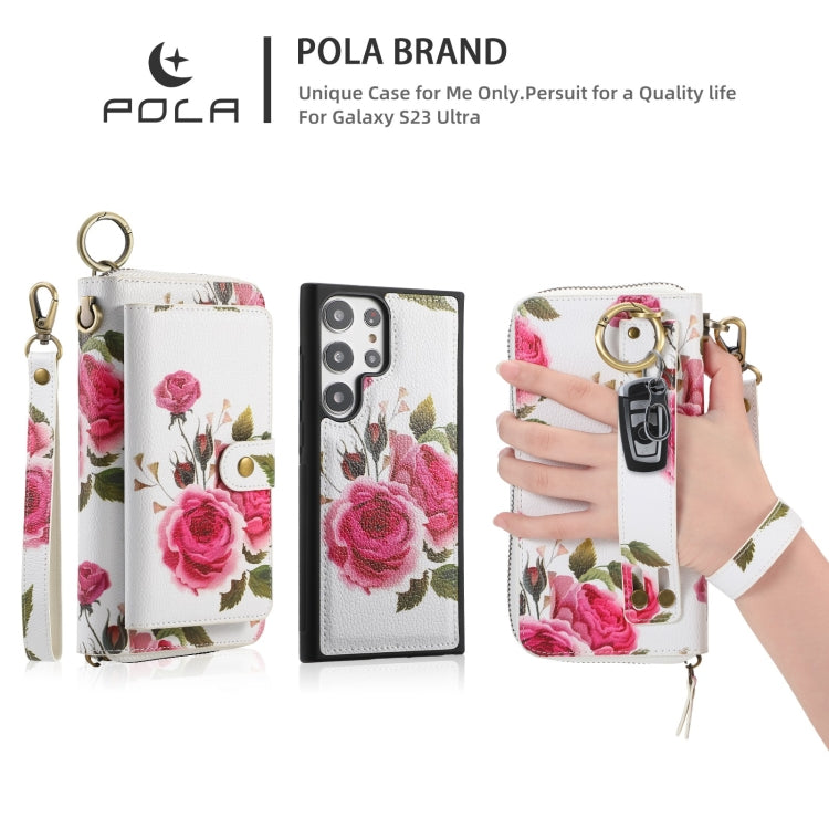 For Samsung Galaxy S23 Ultra 5G POLA Flower Multi-functional Zipper Wallet Leather Phone Case(Beige) - Galaxy S23 Ultra 5G Cases by buy2fix | Online Shopping UK | buy2fix