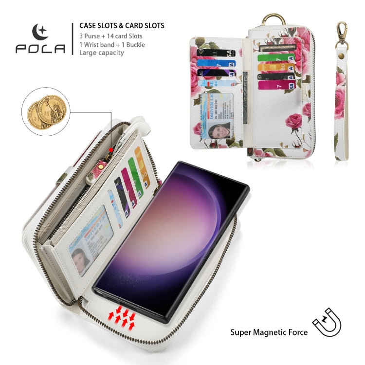 For Samsung Galaxy S23 Ultra 5G POLA Flower Multi-functional Zipper Wallet Leather Phone Case(Beige) - Galaxy S23 Ultra 5G Cases by buy2fix | Online Shopping UK | buy2fix