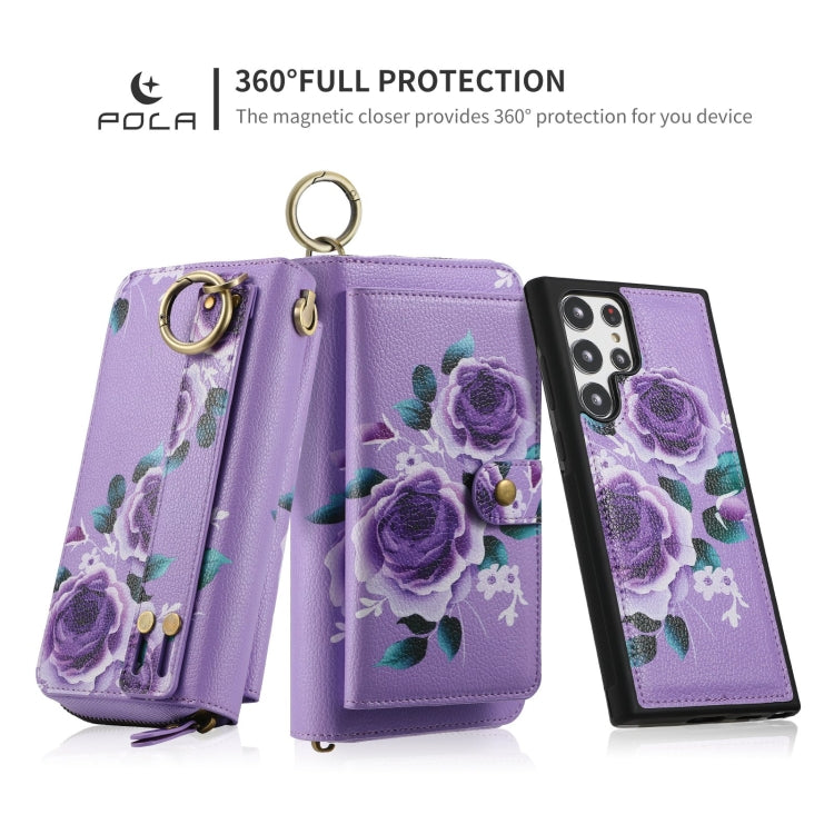 For Samsung Galaxy S22 5G POLA Flower Multi-functional Zipper Wallet Leather Phone Case(Purple) - Galaxy S22 5G Cases by buy2fix | Online Shopping UK | buy2fix