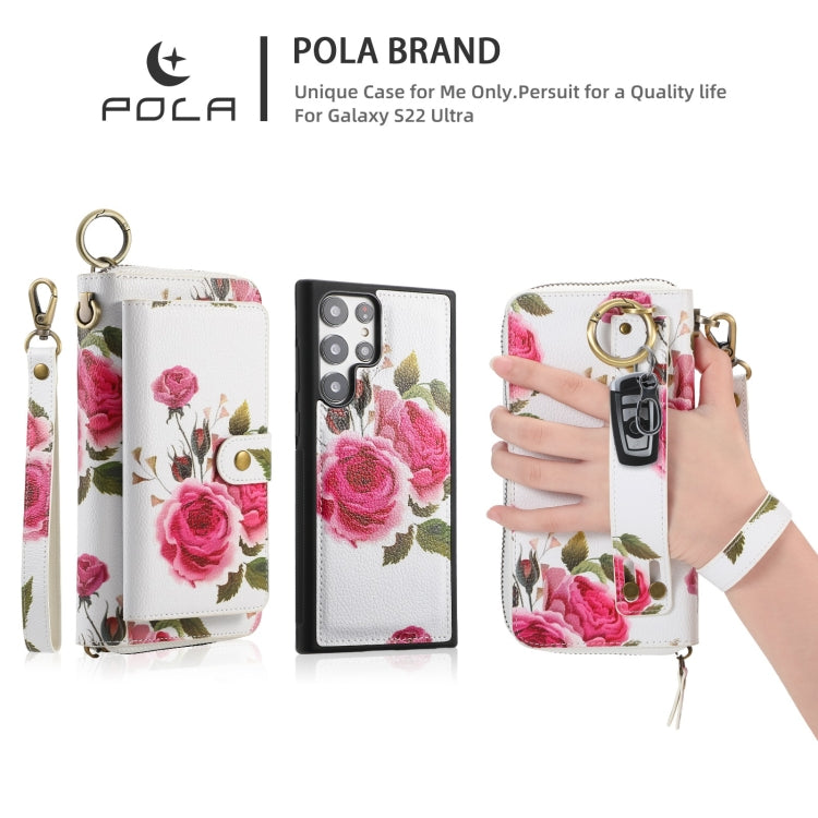 For Samsung Galaxy S22 5G POLA Flower Multi-functional Zipper Wallet Leather Phone Case(Beige) - Galaxy S22 5G Cases by buy2fix | Online Shopping UK | buy2fix
