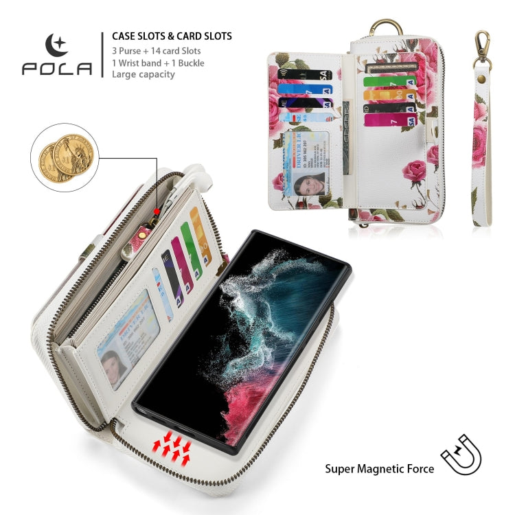 For Samsung Galaxy S22 5G POLA Flower Multi-functional Zipper Wallet Leather Phone Case(Beige) - Galaxy S22 5G Cases by buy2fix | Online Shopping UK | buy2fix