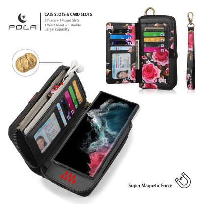 For Samsung Galaxy S22+ 5G POLA Flower Multi-functional Zipper Wallet Leather Phone Case(Black) - Galaxy S22+ 5G Cases by buy2fix | Online Shopping UK | buy2fix