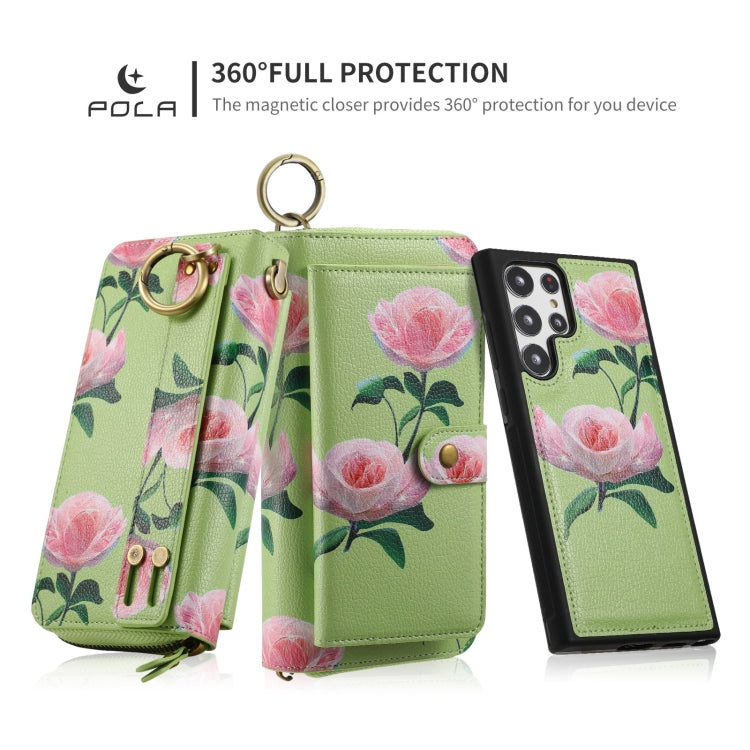 For Samsung Galaxy S22+ 5G POLA Flower Multi-functional Zipper Wallet Leather Phone Case(Green) - Galaxy S22+ 5G Cases by buy2fix | Online Shopping UK | buy2fix