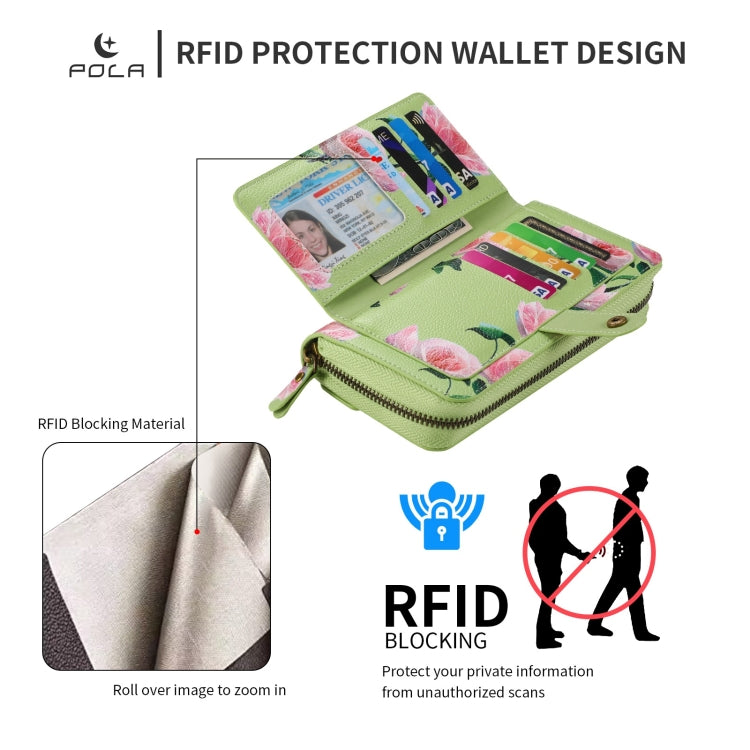 For Samsung Galaxy S22+ 5G POLA Flower Multi-functional Zipper Wallet Leather Phone Case(Green) - Galaxy S22+ 5G Cases by buy2fix | Online Shopping UK | buy2fix