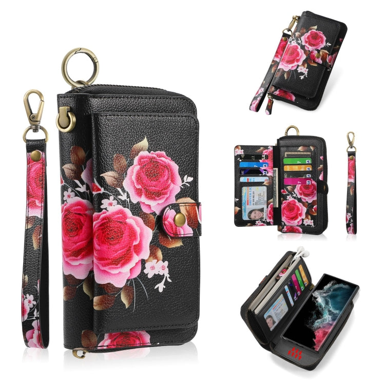 For Samsung Galaxy S22 Ultra 5G POLA Flower Multi-functional Zipper Wallet Leather Phone Case(Black) - Galaxy S22 Ultra 5G Cases by buy2fix | Online Shopping UK | buy2fix