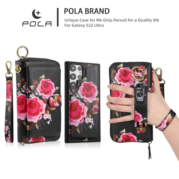 For Samsung Galaxy S22 Ultra 5G POLA Flower Multi-functional Zipper Wallet Leather Phone Case(Black) - Galaxy S22 Ultra 5G Cases by buy2fix | Online Shopping UK | buy2fix