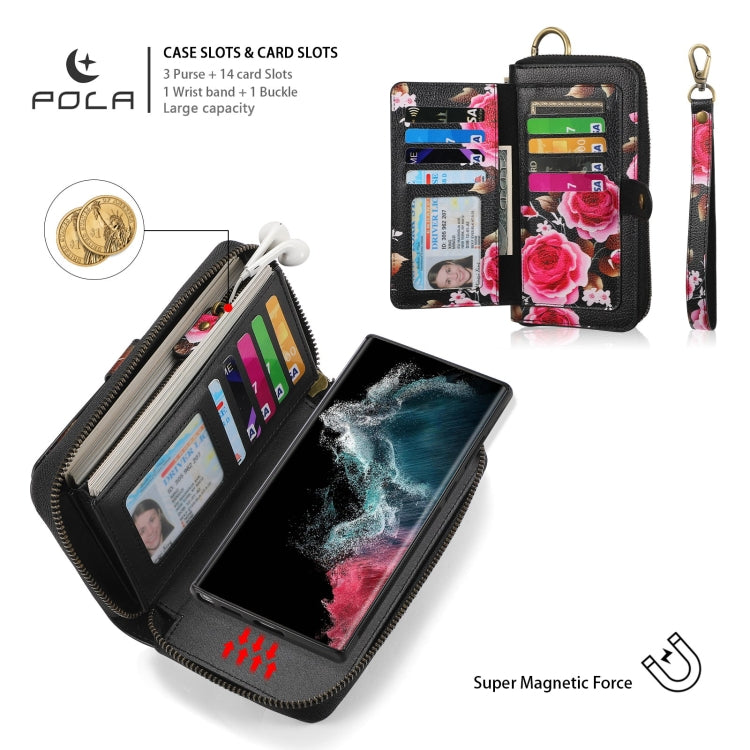 For Samsung Galaxy S22 Ultra 5G POLA Flower Multi-functional Zipper Wallet Leather Phone Case(Black) - Galaxy S22 Ultra 5G Cases by buy2fix | Online Shopping UK | buy2fix