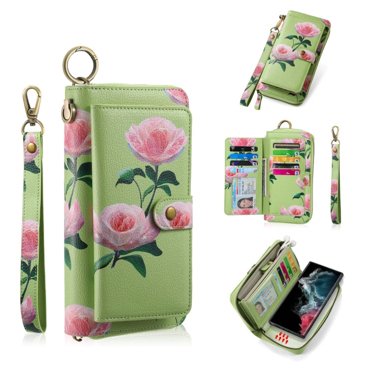 For Samsung Galaxy S22 Ultra 5G POLA Flower Multi-functional Zipper Wallet Leather Phone Case(Green) - Galaxy S22 Ultra 5G Cases by buy2fix | Online Shopping UK | buy2fix