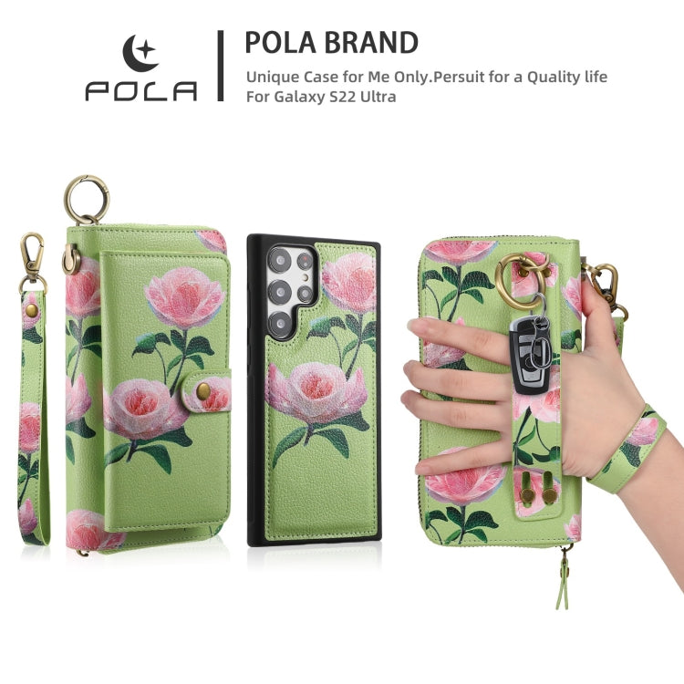 For Samsung Galaxy S22 Ultra 5G POLA Flower Multi-functional Zipper Wallet Leather Phone Case(Green) - Galaxy S22 Ultra 5G Cases by buy2fix | Online Shopping UK | buy2fix