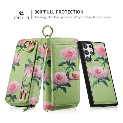 For Samsung Galaxy S22 Ultra 5G POLA Flower Multi-functional Zipper Wallet Leather Phone Case(Green) - Galaxy S22 Ultra 5G Cases by buy2fix | Online Shopping UK | buy2fix