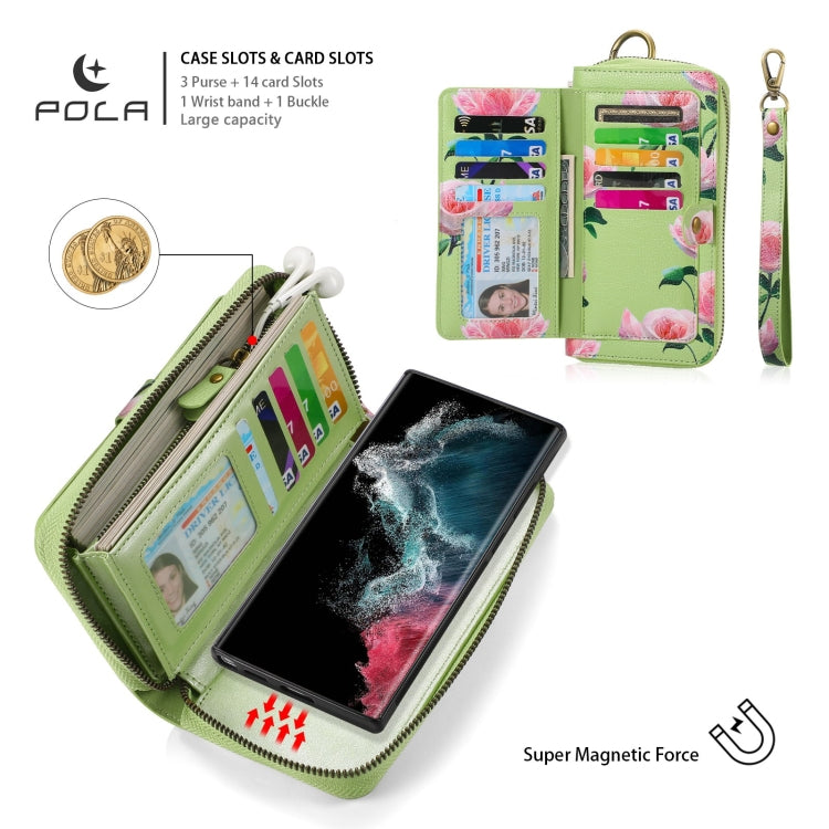 For Samsung Galaxy S22 Ultra 5G POLA Flower Multi-functional Zipper Wallet Leather Phone Case(Green) - Galaxy S22 Ultra 5G Cases by buy2fix | Online Shopping UK | buy2fix