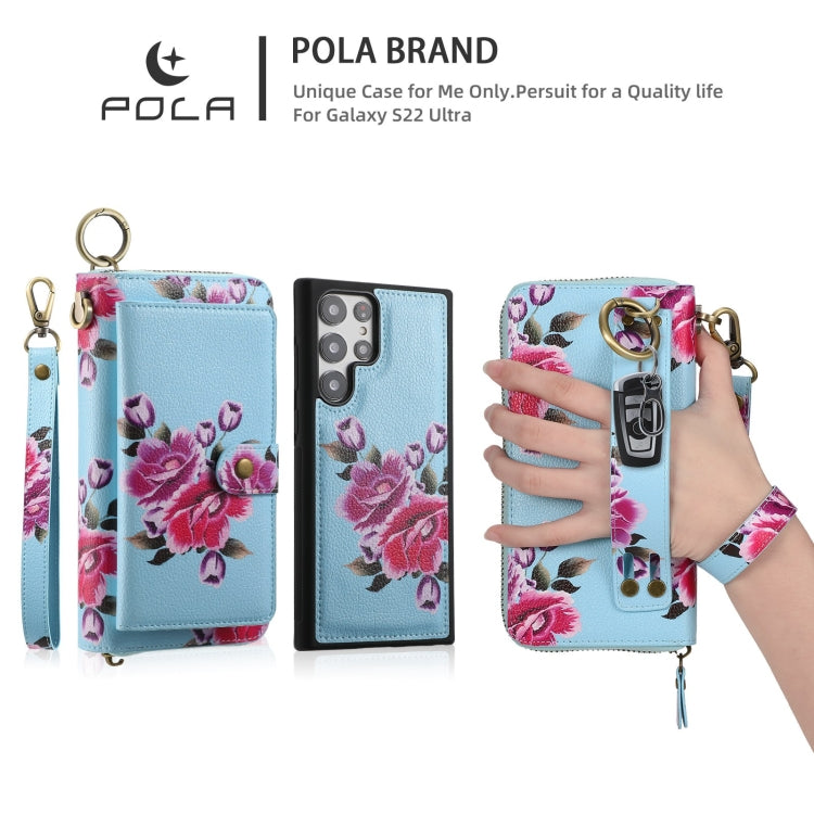 For Samsung Galaxy S22 Ultra 5G POLA Flower Multi-functional Zipper Wallet Leather Phone Case(Sky Blue) - Galaxy S22 Ultra 5G Cases by buy2fix | Online Shopping UK | buy2fix