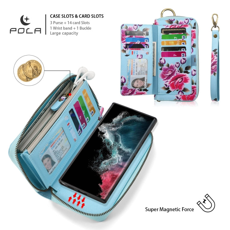 For Samsung Galaxy S22 Ultra 5G POLA Flower Multi-functional Zipper Wallet Leather Phone Case(Sky Blue) - Galaxy S22 Ultra 5G Cases by buy2fix | Online Shopping UK | buy2fix