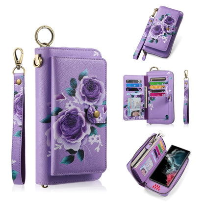 For Samsung Galaxy S22 Ultra 5G POLA Flower Multi-functional Zipper Wallet Leather Phone Case(Purple) - Galaxy S22 Ultra 5G Cases by buy2fix | Online Shopping UK | buy2fix
