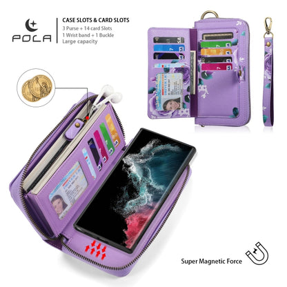 For Samsung Galaxy S22 Ultra 5G POLA Flower Multi-functional Zipper Wallet Leather Phone Case(Purple) - Galaxy S22 Ultra 5G Cases by buy2fix | Online Shopping UK | buy2fix