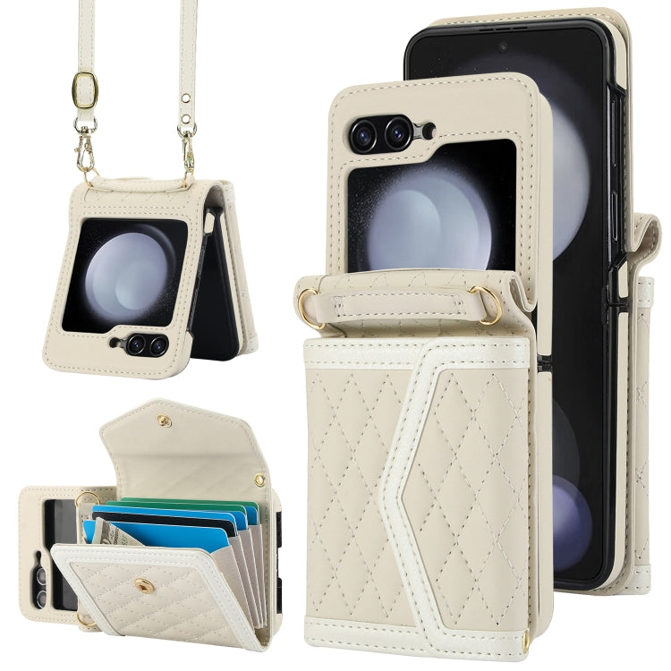 For Samsung Galaxy Z Flip5 Splicing Rhombic Texture Phone Case with Long & Short Lanyard, Not Included Pen(Beige) - Galaxy Z Flip5 Cases by buy2fix | Online Shopping UK | buy2fix