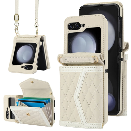 For Samsung Galaxy Z Flip5 Splicing Rhombic Texture Phone Case with Long & Short Lanyard, Not Included Pen(Beige) - Galaxy Z Flip5 Cases by buy2fix | Online Shopping UK | buy2fix