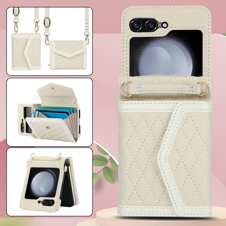 For Samsung Galaxy Z Flip5 Splicing Rhombic Texture Phone Case with Long & Short Lanyard, Not Included Pen(Beige) - Galaxy Z Flip5 Cases by buy2fix | Online Shopping UK | buy2fix