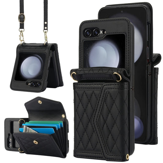 For Samsung Galaxy Z Flip5 Splicing Rhombic Texture Phone Case with Long & Short Lanyard, Not Included Pen(Black) - Galaxy Z Flip5 Cases by buy2fix | Online Shopping UK | buy2fix