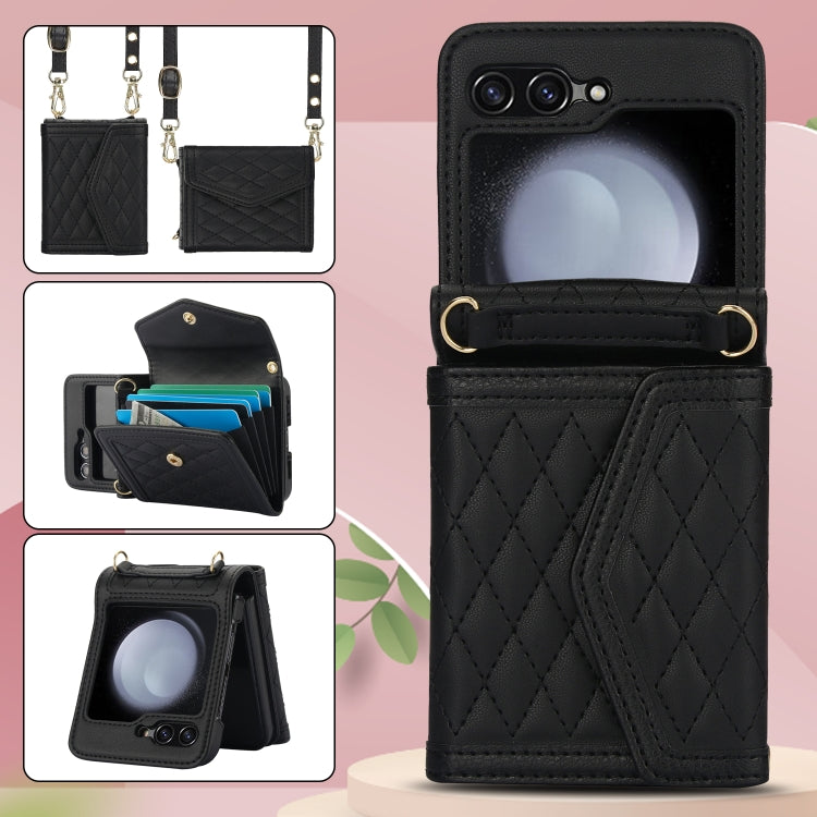 For Samsung Galaxy Z Flip5 Splicing Rhombic Texture Phone Case with Long & Short Lanyard, Not Included Pen(Black) - Galaxy Z Flip5 Cases by buy2fix | Online Shopping UK | buy2fix