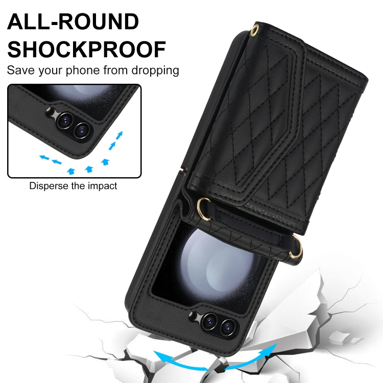 For Samsung Galaxy Z Flip5 Splicing Rhombic Texture Phone Case with Long & Short Lanyard, Not Included Pen(Black) - Galaxy Z Flip5 Cases by buy2fix | Online Shopping UK | buy2fix