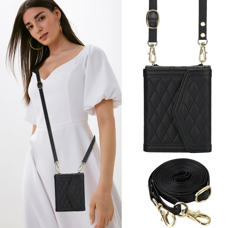 For Samsung Galaxy Z Flip5 Splicing Rhombic Texture Phone Case with Long & Short Lanyard, Not Included Pen(Black) - Galaxy Z Flip5 Cases by buy2fix | Online Shopping UK | buy2fix