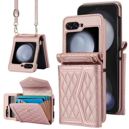 For Samsung Galaxy Z Flip5 Splicing Rhombic Texture Phone Case with Long & Short Lanyard, Not Included Pen(Rose Gold) - Galaxy Z Flip5 Cases by buy2fix | Online Shopping UK | buy2fix