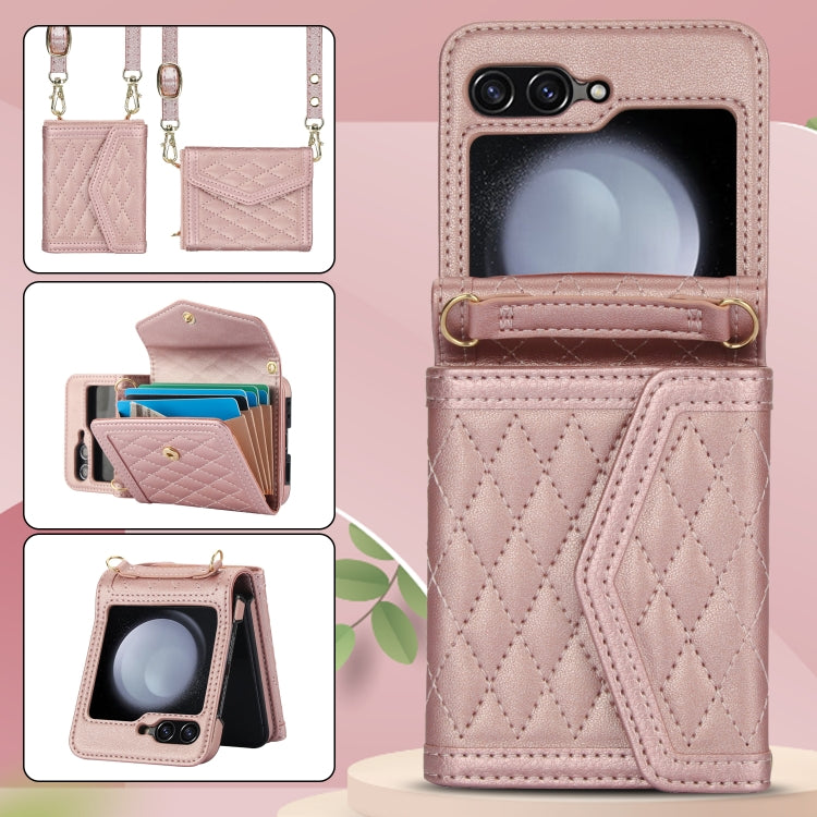 For Samsung Galaxy Z Flip5 Splicing Rhombic Texture Phone Case with Long & Short Lanyard, Not Included Pen(Rose Gold) - Galaxy Z Flip5 Cases by buy2fix | Online Shopping UK | buy2fix